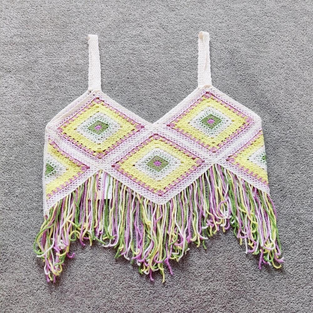 New In Women's Vibrant Crochet Fringe Crop Top Size Medium